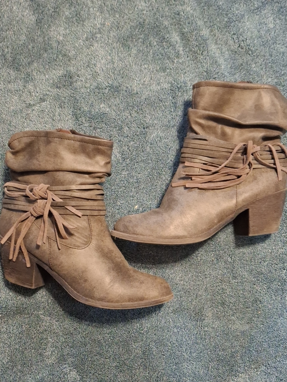 Jelly POP Taupe Suede-Look Fringe Tie Ankle Boots